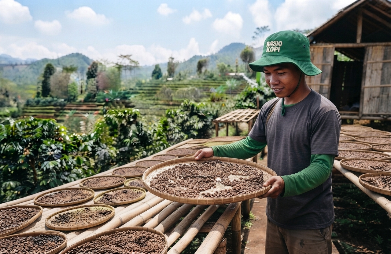 Orang sedang menjemur kopi