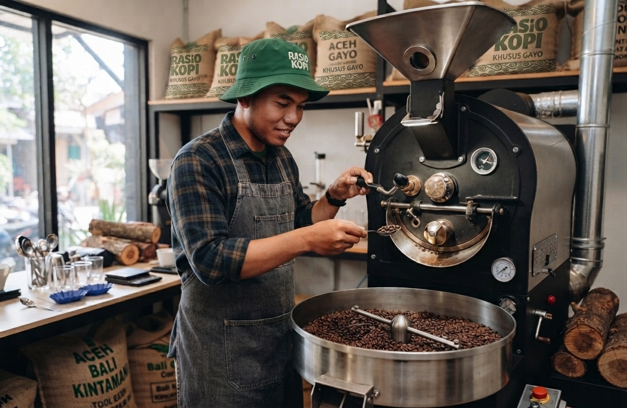 Kopi sedang di roasting dalam mesin